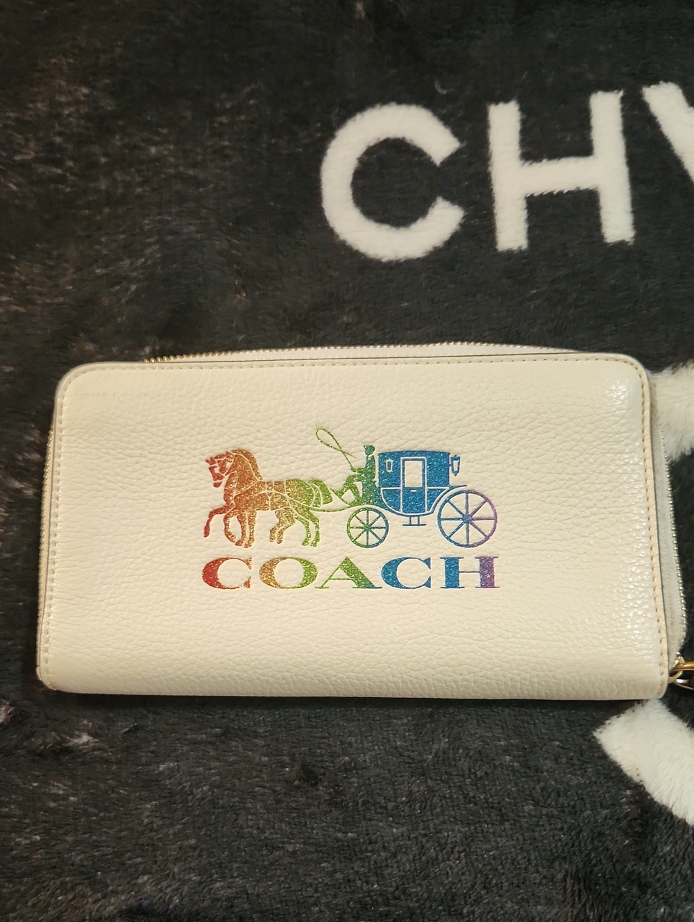 Coach White Zip-Around Wallet with Rainbow Carriage Logo